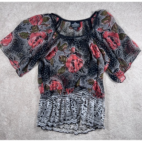 ANGIE Floral BOHO Blouse Women's Large Black Red Sheer Flutter Sleeve Top RETRO - Picture 1 of 7